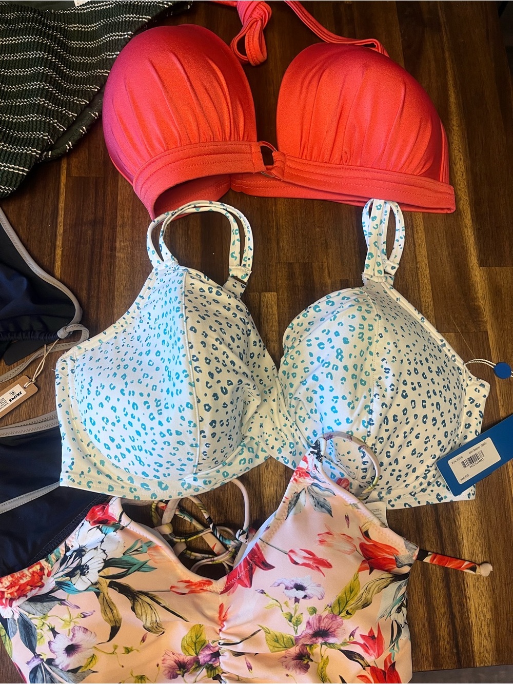 VENUS Coral Red Bikini Top and Light Blue Leopard Print Bikini Top